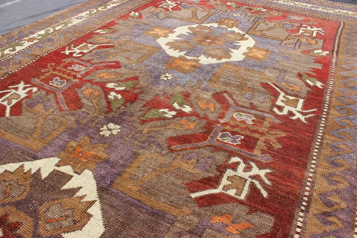 20th Century Large Turkish Vintage Oushak Rug with Medallions in Red, Taupe, Olive and Gray For Sale