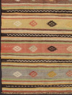 Vintage Turkish Kilim Rug with Tribal Designs Set in Horizontal Stripes