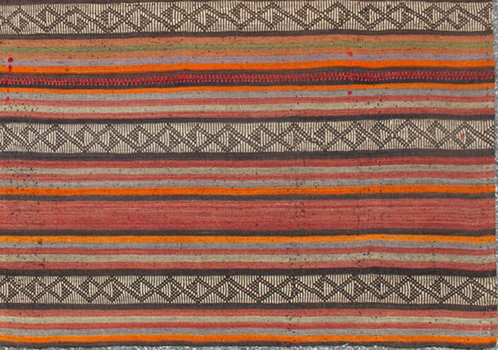 Hand-Woven Very Long Kilim Runner with Vertical Stripe and Geometric Pattern For Sale
