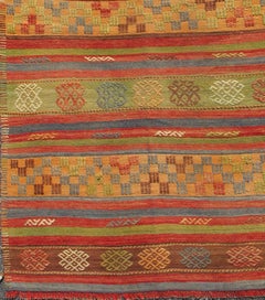 Multicolored Vintage Turkish Kilim Rug with Geometric Shapes and Stripes Design