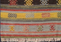 Vintage Turkish Kilim Runner with Geometric Shapes and Colorful Stripes