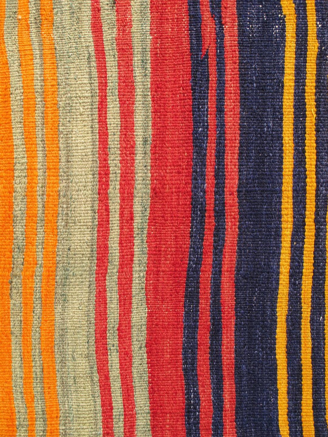Hand-Woven Vintage Turkish Kilim Rug with Stripes in Seafoam Green, Red, Blue, Gold, Orange