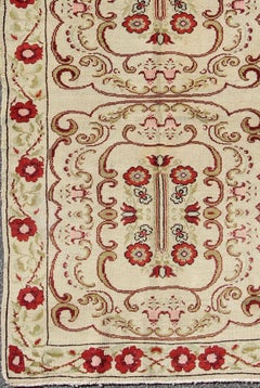Vintage Turkish Runner with Floral Deco Design in Cream and Red and Green
