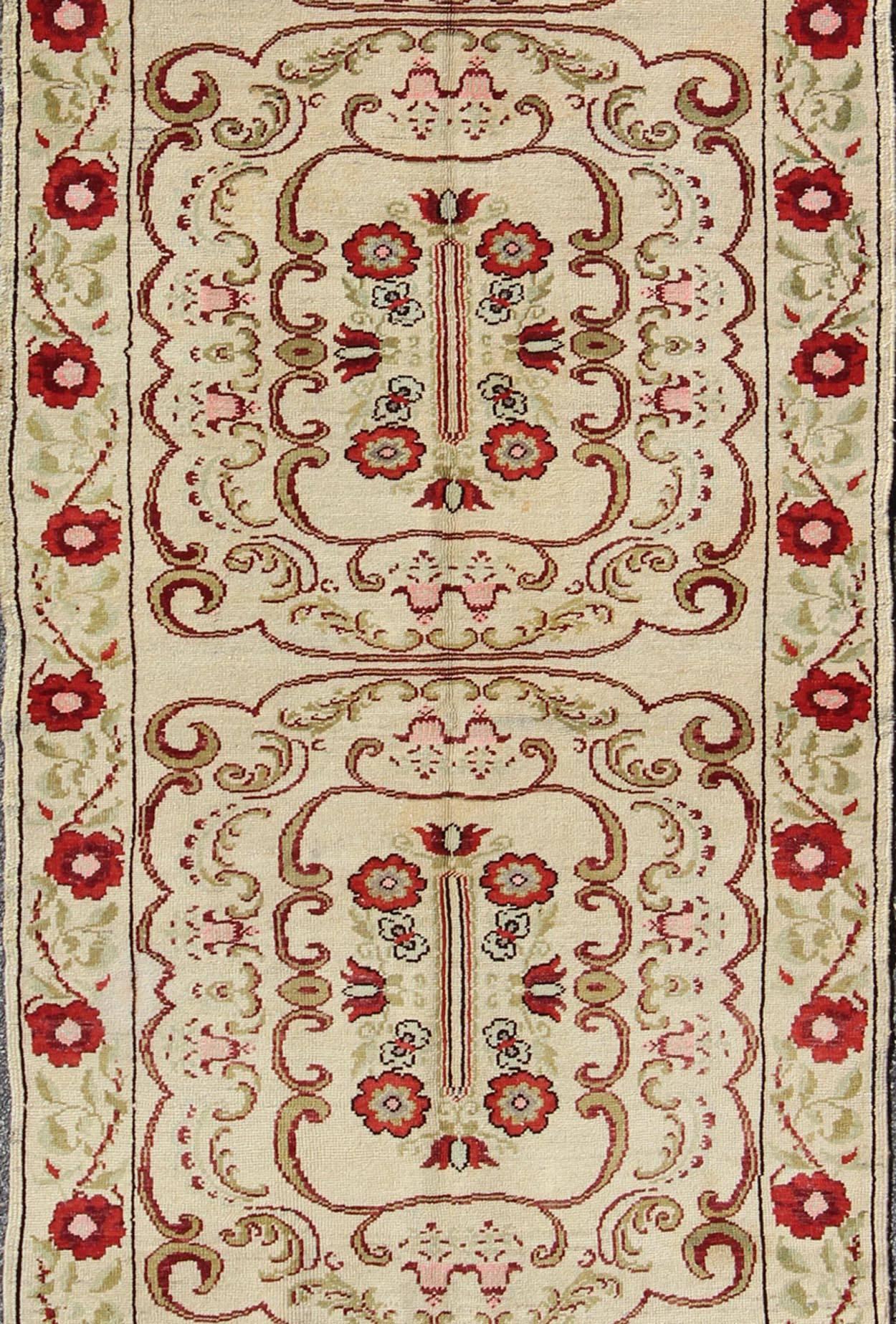 Aubusson Vintage Turkish Runner with Floral Deco Design in Cream and Red and Green For Sale