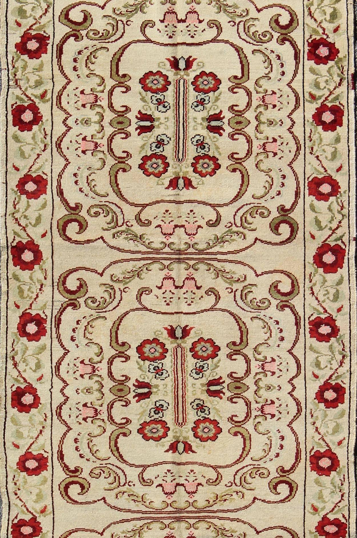 Hand-Knotted Vintage Turkish Runner with Floral Deco Design in Cream and Red and Green For Sale