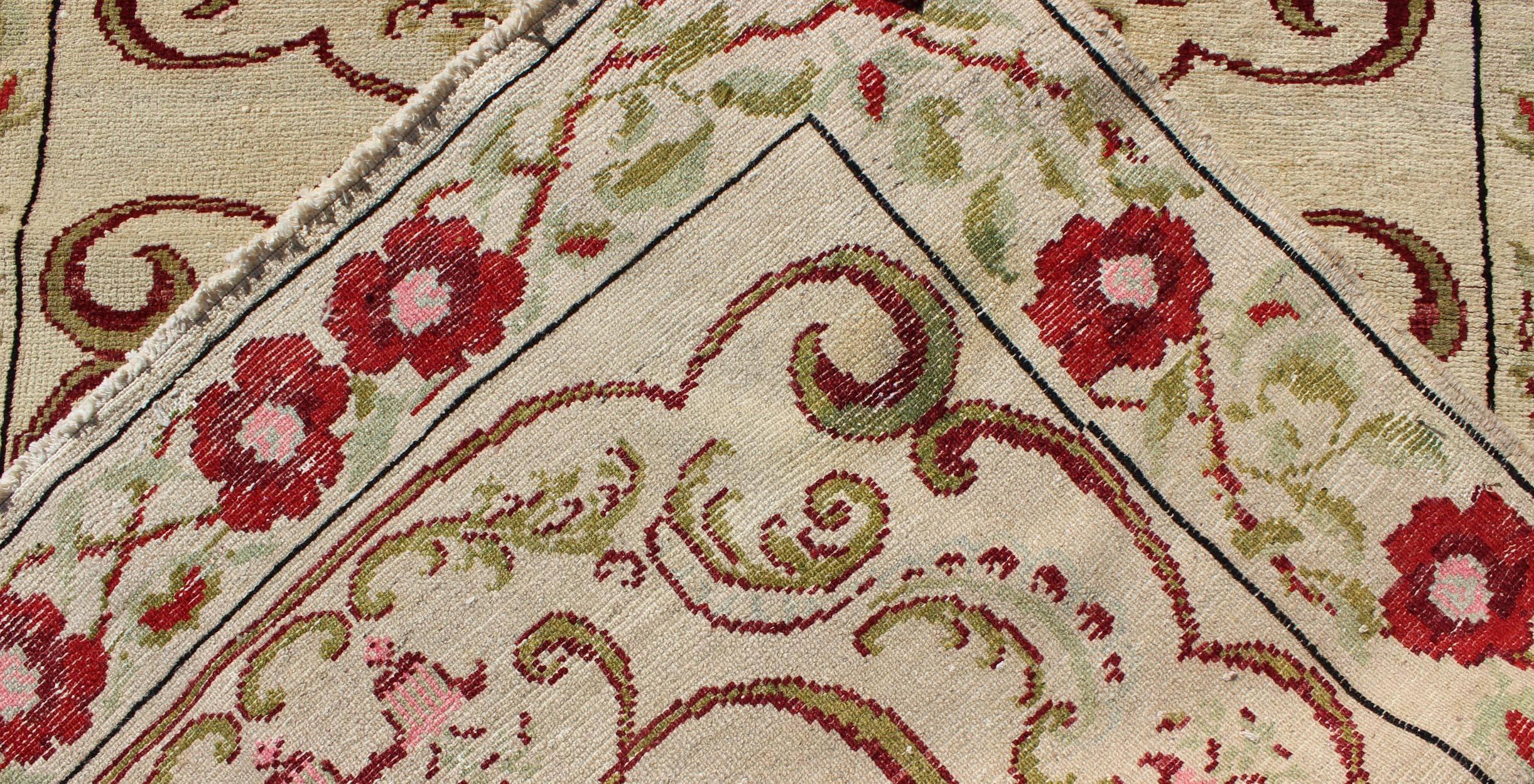 Wool Vintage Turkish Runner with Floral Deco Design in Cream and Red and Green For Sale