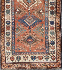 Antique Persian Serapi-Heriz Runner in Rust Background, Orange, Blue and Green