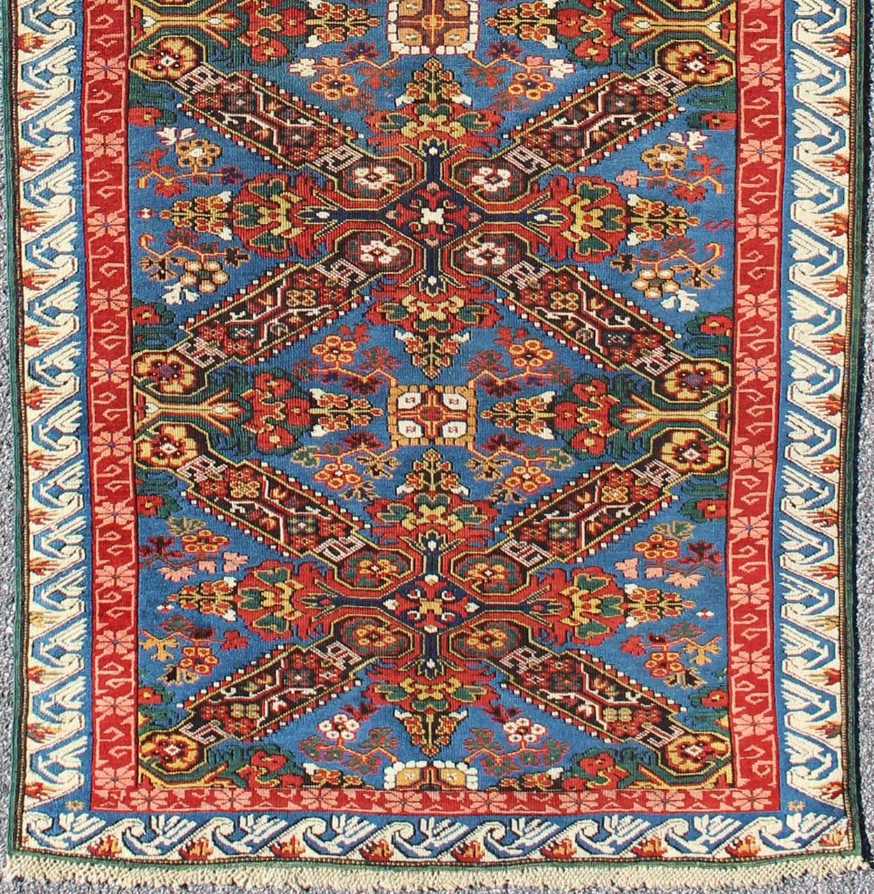 Measures: 3'5 x 9'2.
This 19th century Caucasian Seychour runner represents the Caucasian weaving at its best. The amazingly beautiful colors and the composition of them shows antique colors that have maintained the vivid and happy colors original