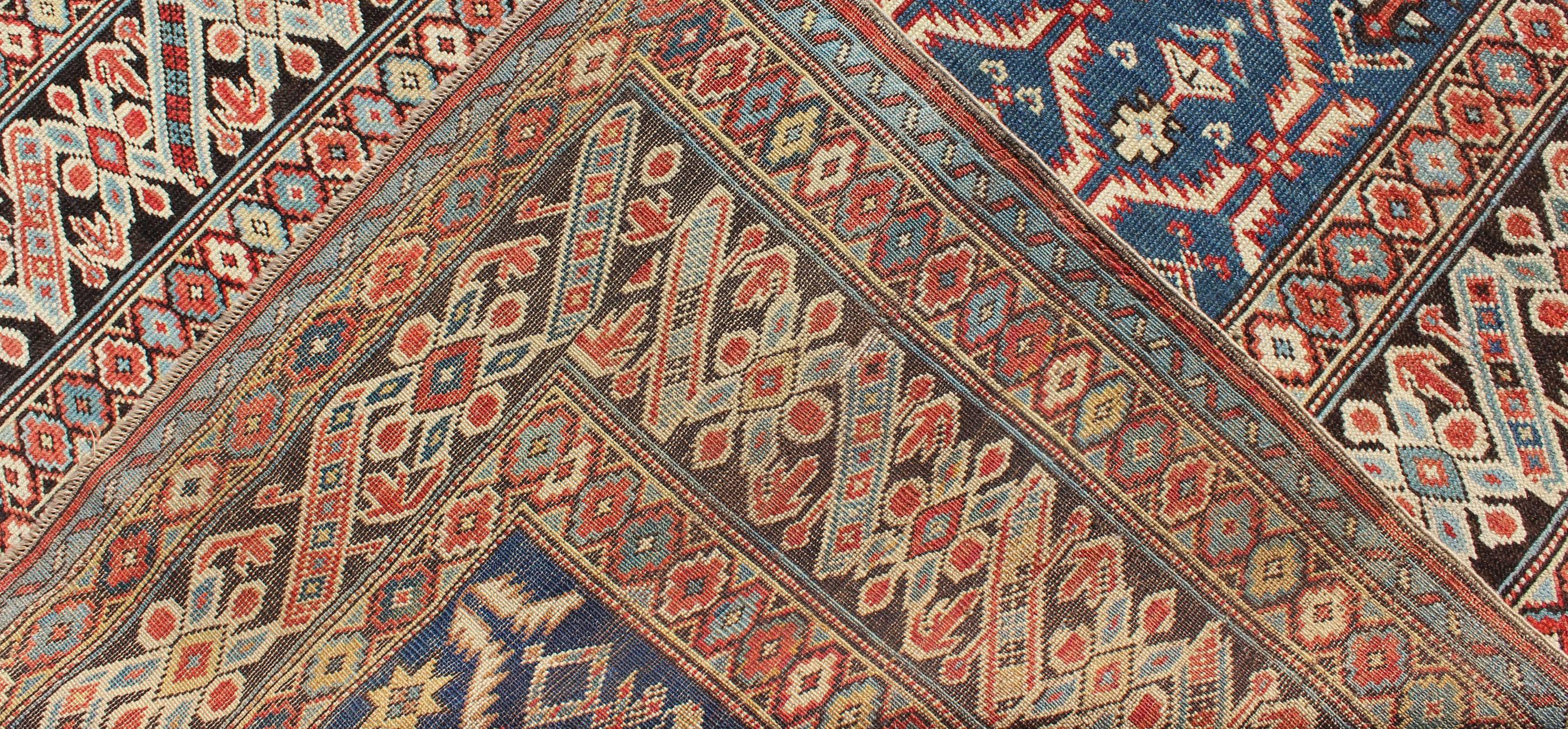 Hand-Knotted Amazing Antique Caucasian Chi Chi in Medium Blue Background and Brown Border For Sale