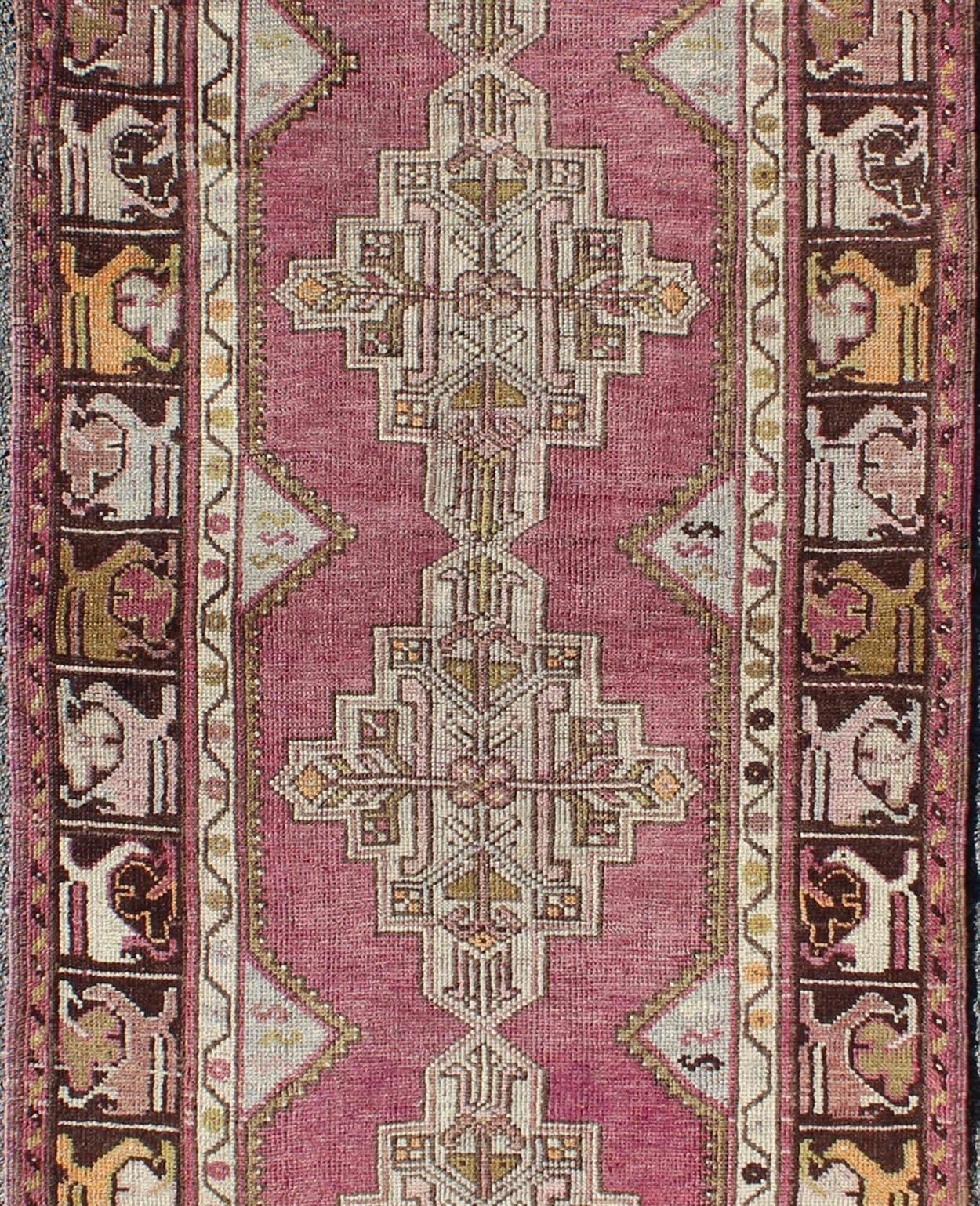 Turkish Vintage Oushak Runner with Geometric Medallions in Purple and Brown For Sale