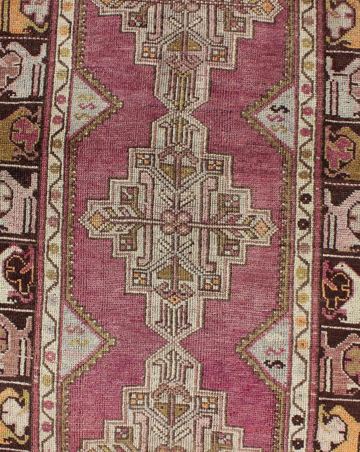 Vintage Oushak Runner with Geometric Medallions in Purple and Brown For Sale 1