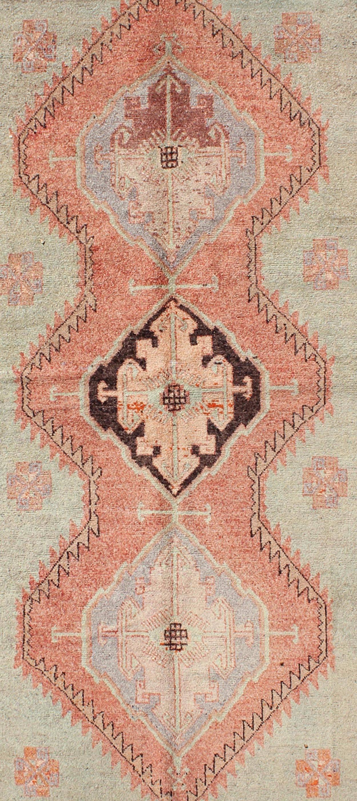 Hand-Knotted Turkish Oushak Rug with Geometric in Tangerine, Green and Brown For Sale