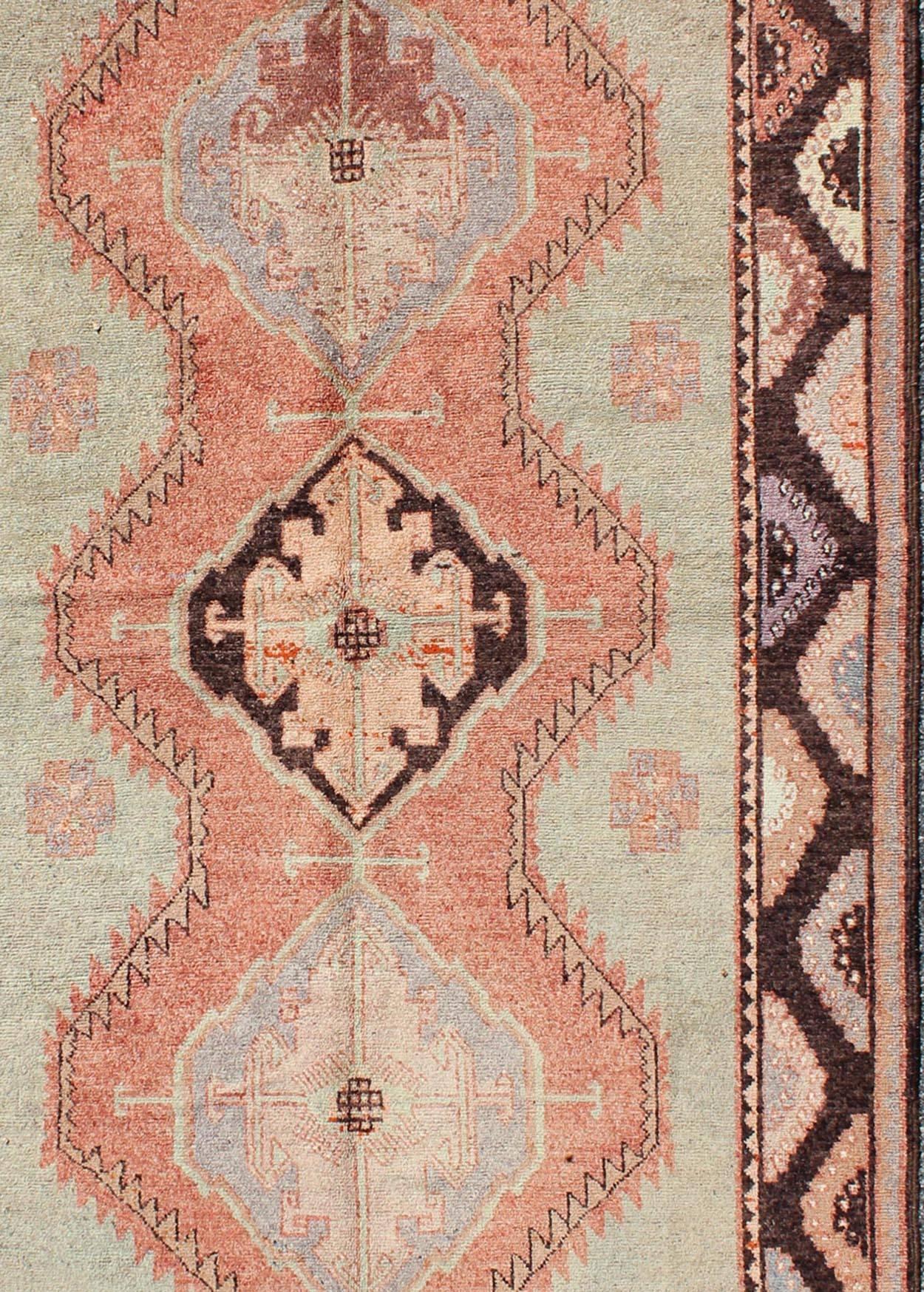 Turkish Oushak Rug with Geometric in Tangerine, Green and Brown In Excellent Condition For Sale In Atlanta, GA