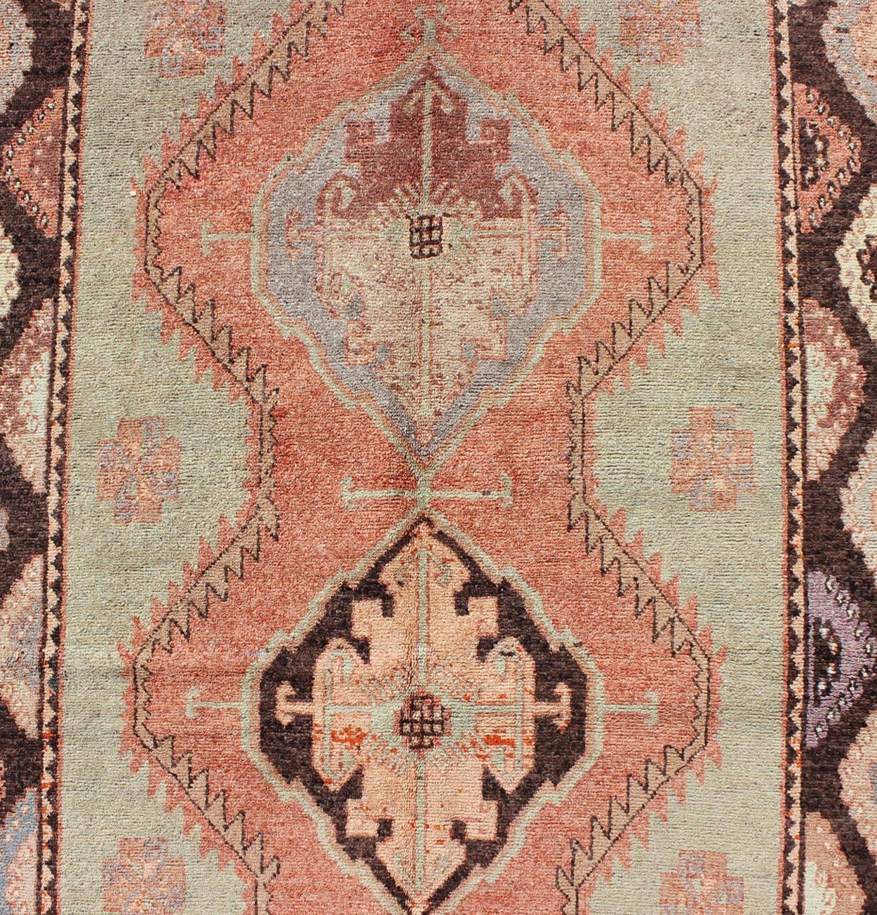 Wool Turkish Oushak Rug with Geometric in Tangerine, Green and Brown For Sale