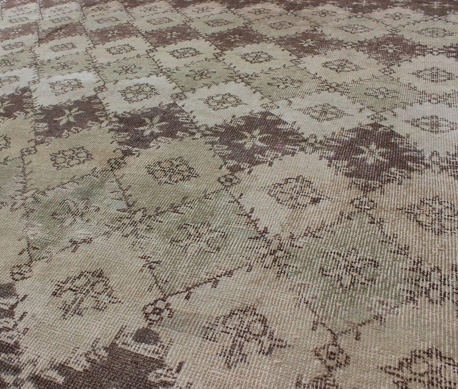 Turkish Vintage Distressed Rug with Diamond Modern Design in Earth Tones & Neutrals For Sale