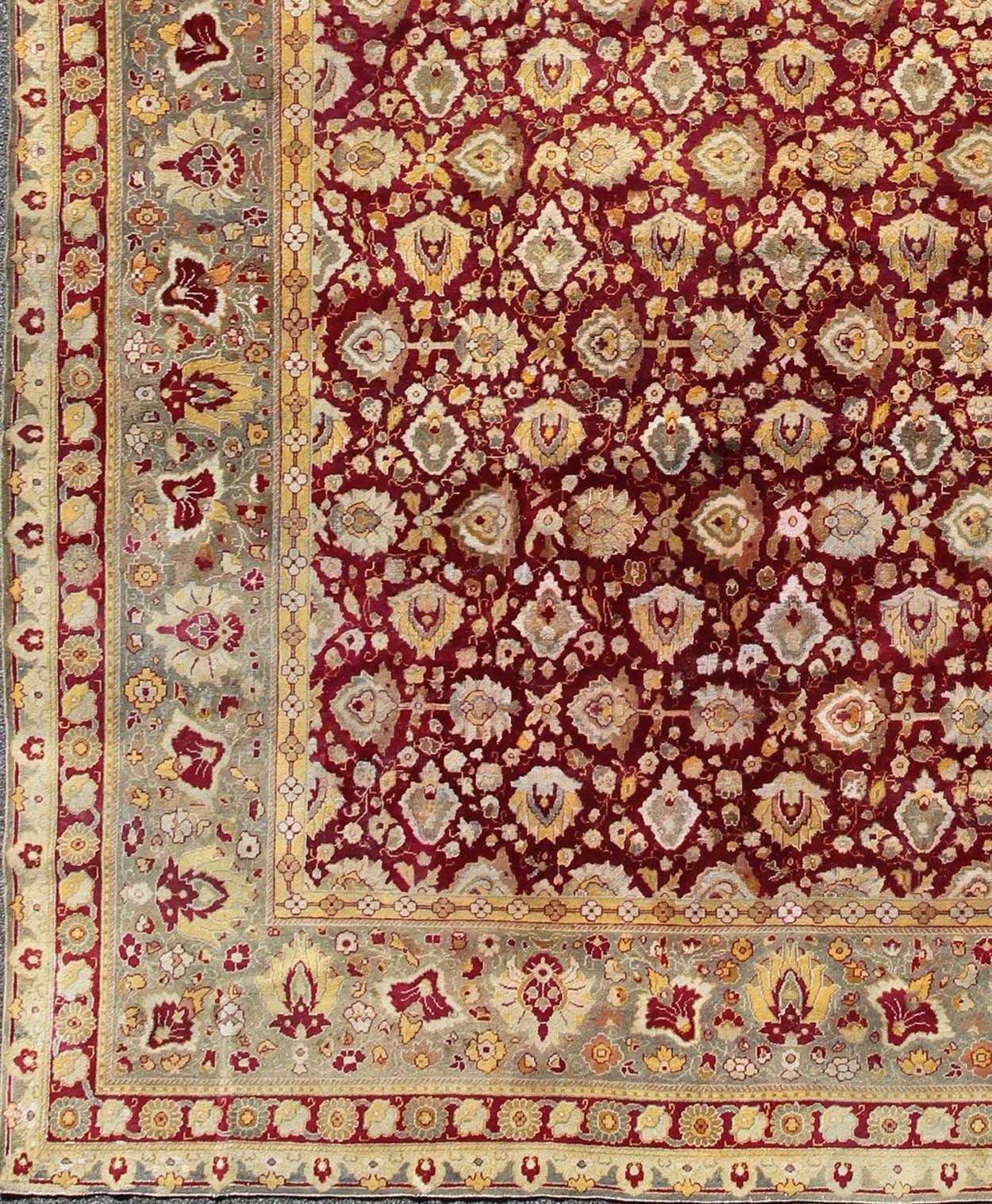 Elegant tapis indien ancien du 19e siècle d'Agra à fond rouge marron et bordure vert gris. Tapis Keivan Woven Arts / 13-1105, antiquité indienne d'Agra. Amritsar antique. Tapis indiens anciens. Tapis moghol ancien.

Mesures :   11'8 x 14'3.

Cette