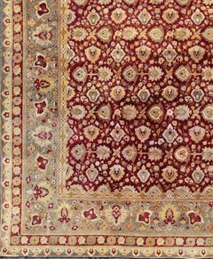 Antique Hand Knotted Indian Agra Rug Maroon Red Background and Gray Green Border
