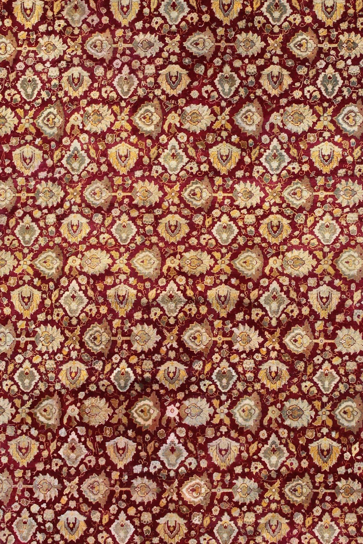 Hand-Knotted Antique Hand Knotted Indian Agra Rug Maroon Red Background and Gray Green Border For Sale