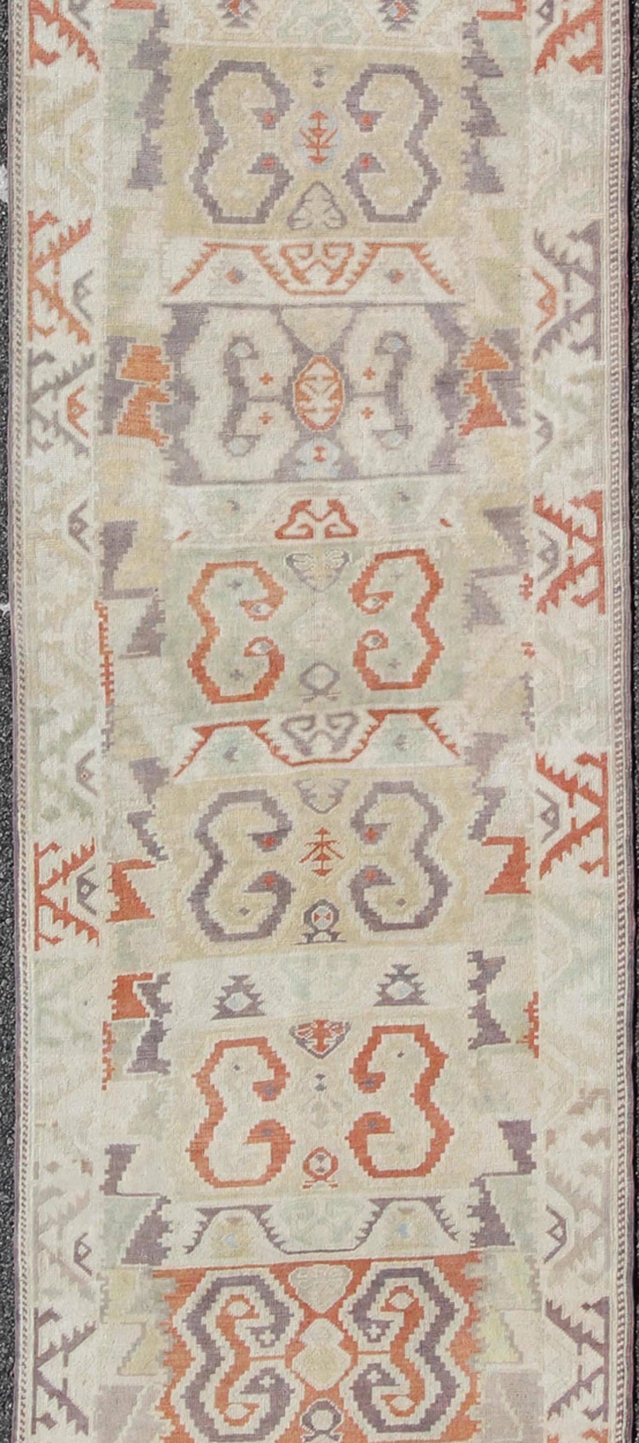 Oushak Unique Turkish Runner with Geometric and Tribal Elements 
