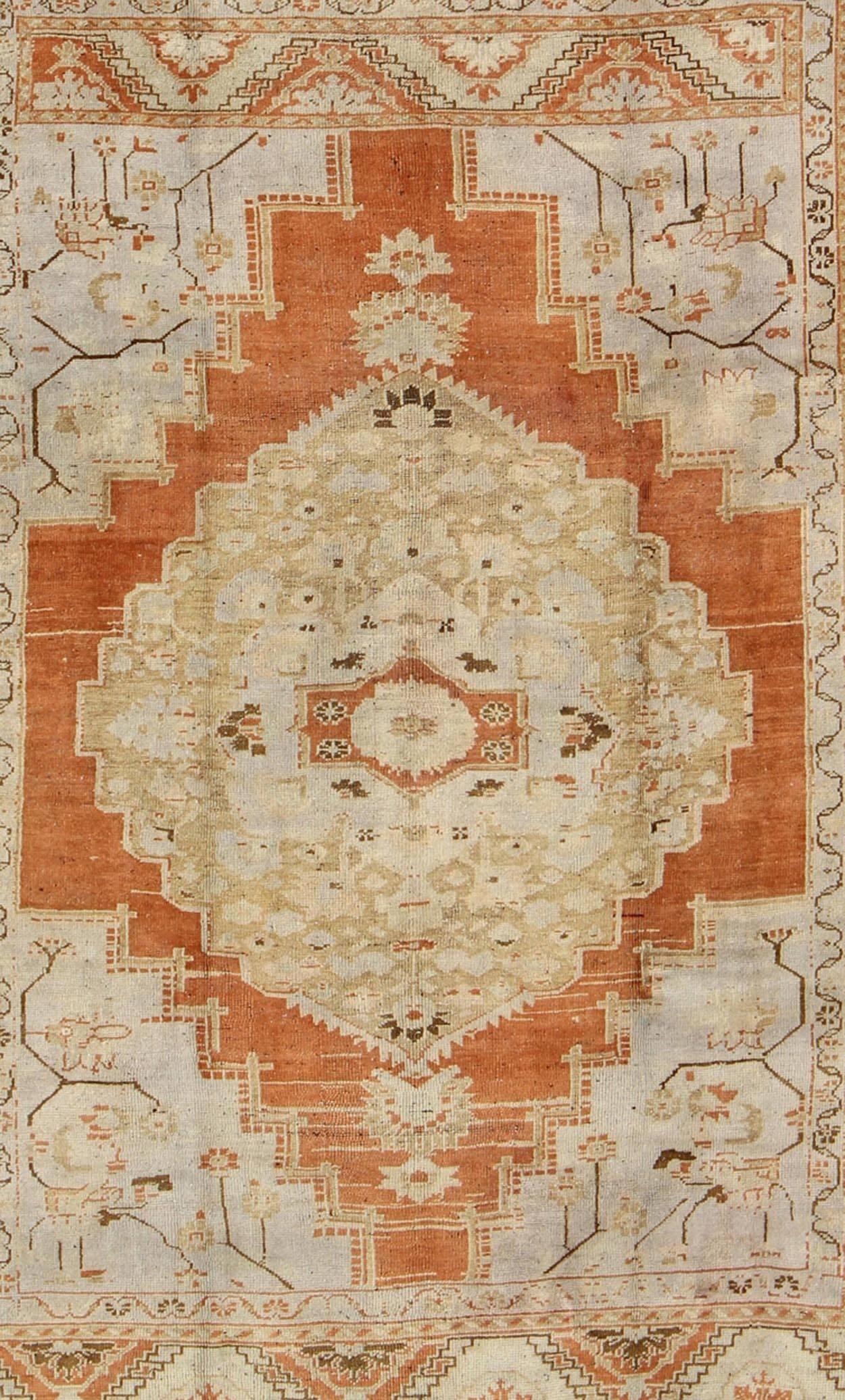 Hand-Knotted Vintage Turkish Oushak Rug in Light Orange, Light Blue, Gray and Brown