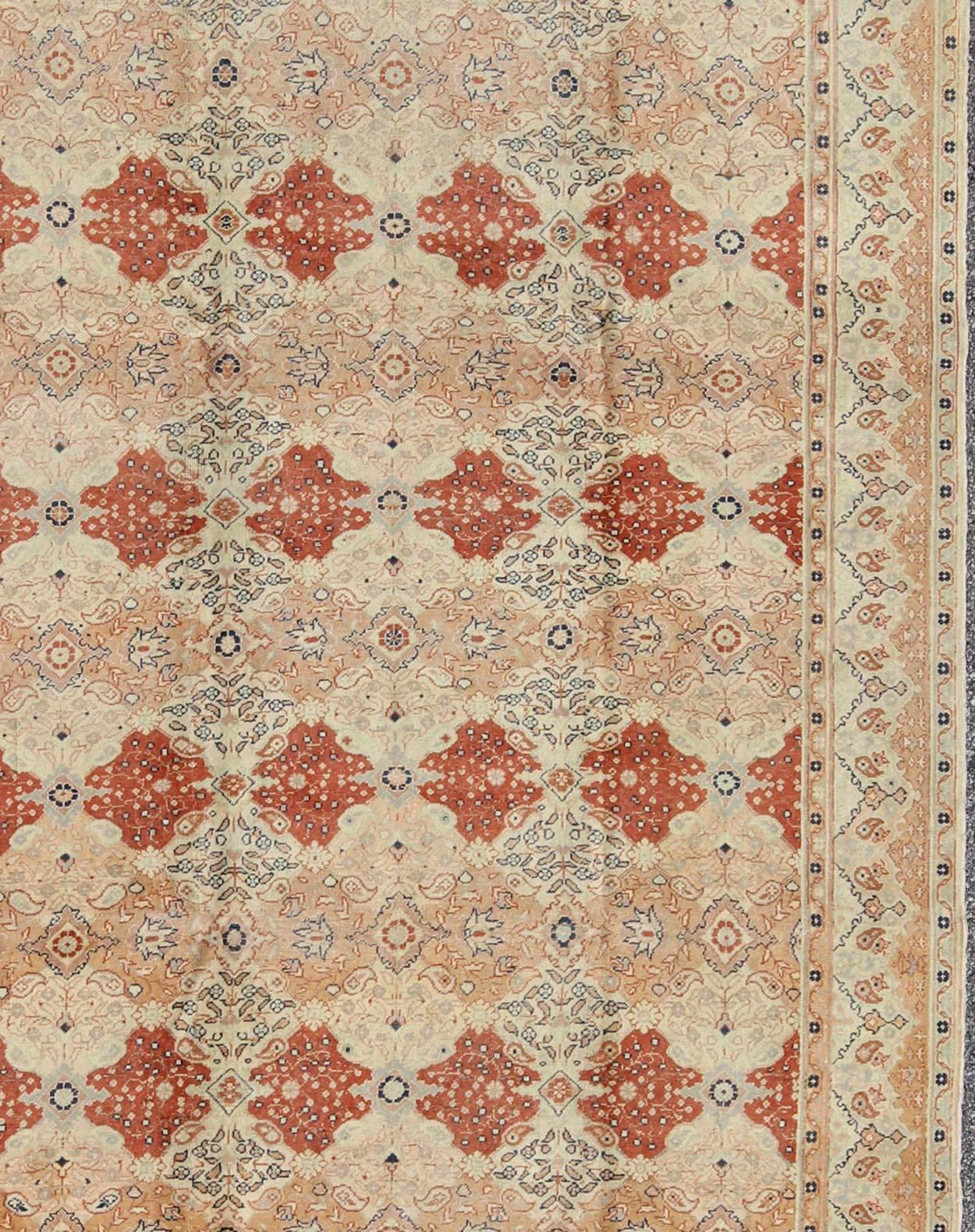 Oushak Fine Turkish Sivas Rug in Rust, Salmon, Cream and Navy Blue Outlines