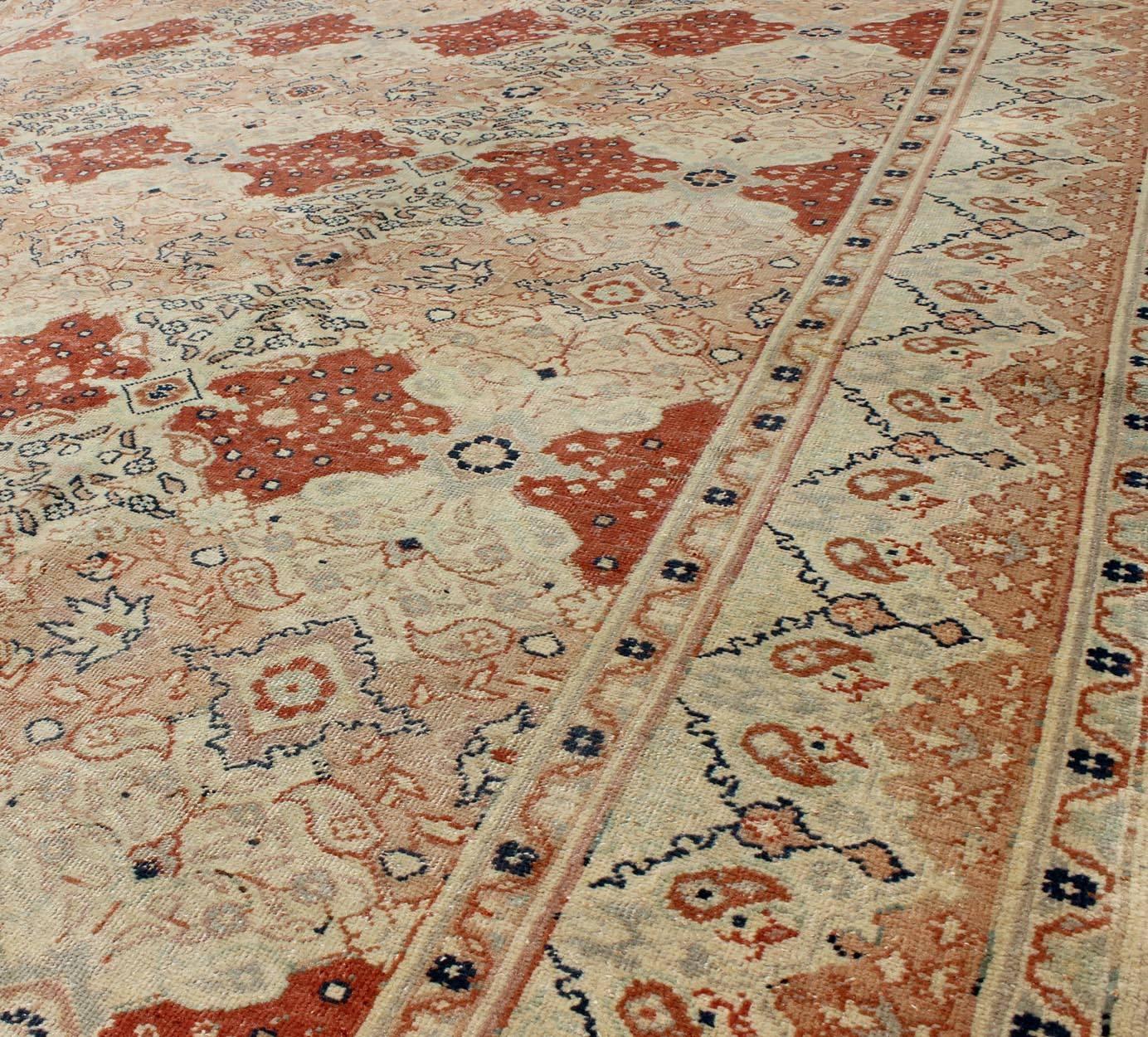 Hand-Knotted Fine Turkish Sivas Rug in Rust, Salmon, Cream and Navy Blue Outlines
