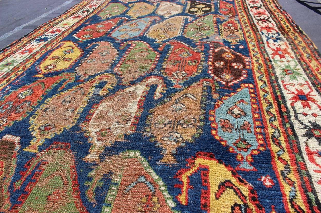 19th Century Amazing Antique Caucasian rug with Large Paisley Design in Blue Background