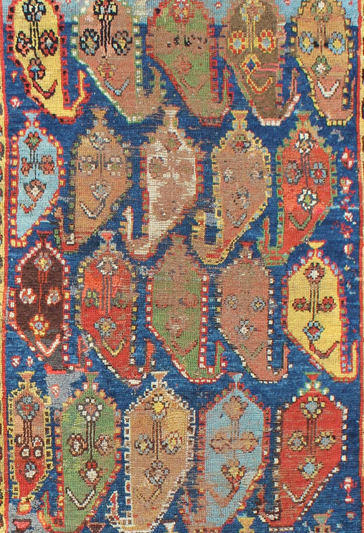 Amazing Antique Caucasian rug with Large Paisley Design in Blue Background In Good Condition In Atlanta, GA