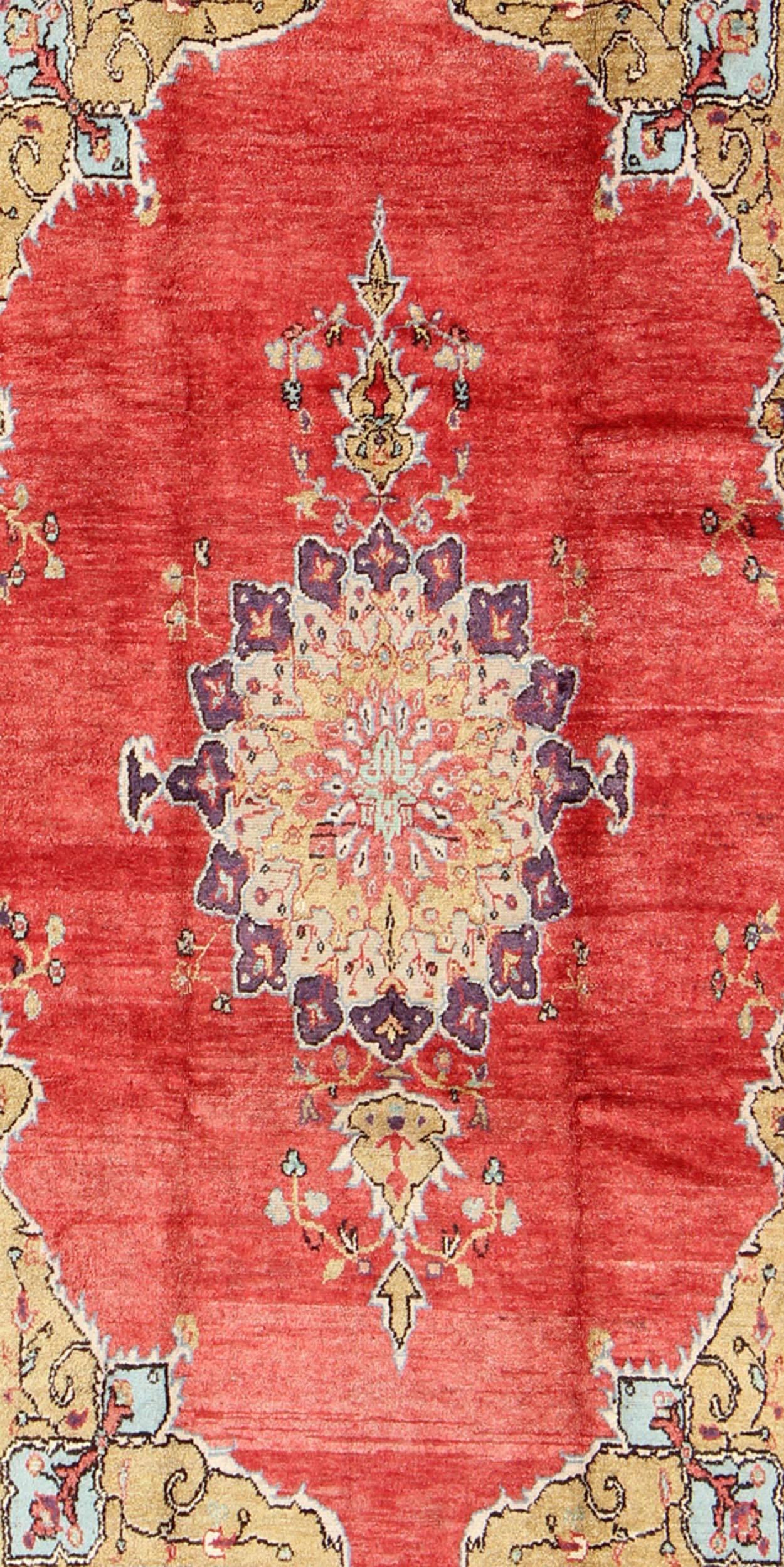 Colorful Vintage Turkish Oushak Rug with Red, Brown and Gold Colors In Excellent Condition In Atlanta, GA