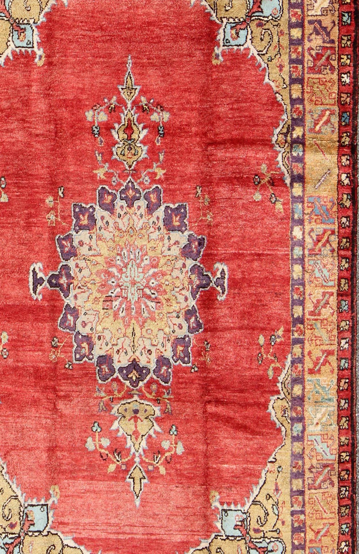 Mid-20th Century Colorful Vintage Turkish Oushak Rug with Red, Brown and Gold Colors