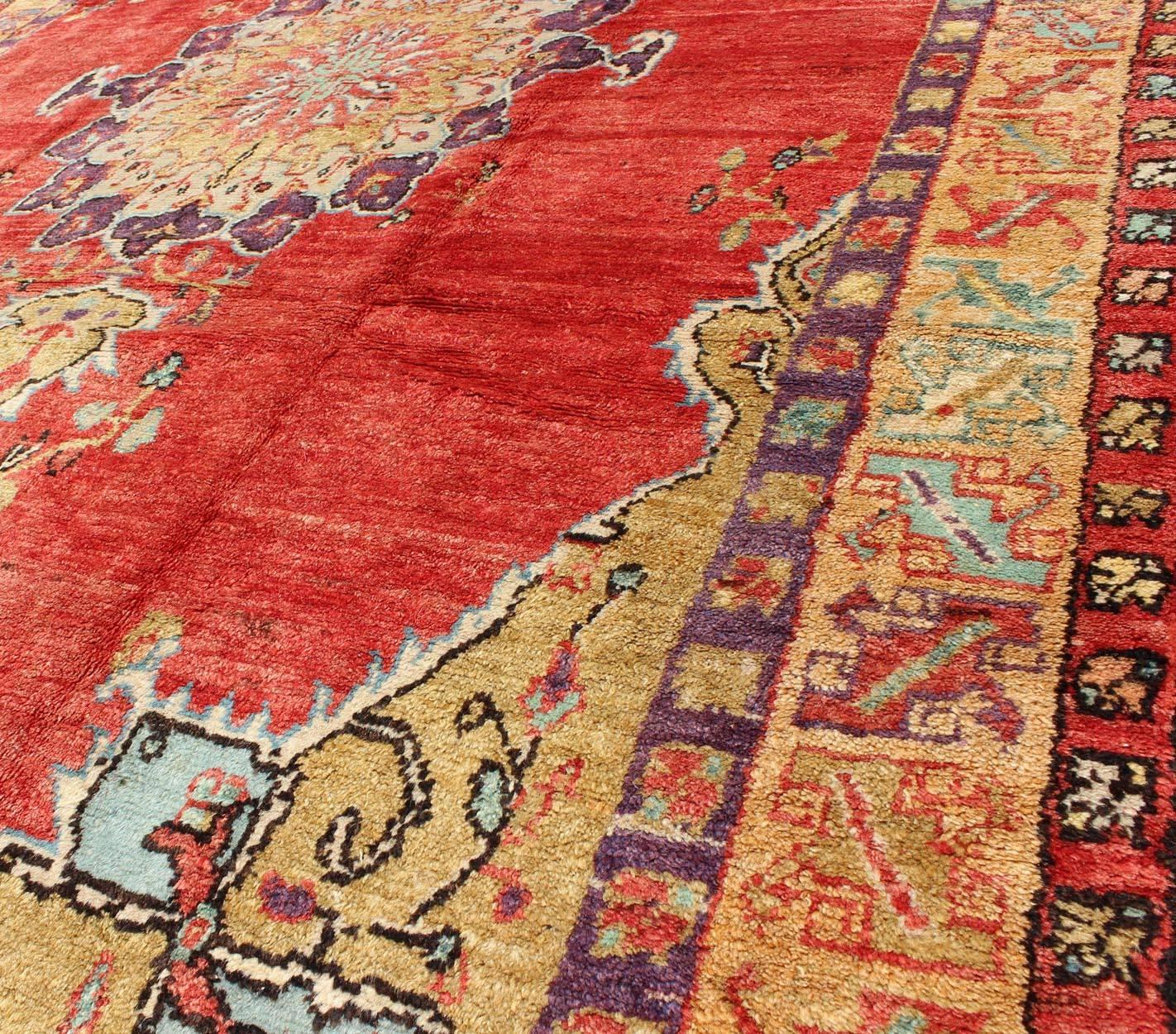 Wool Colorful Vintage Turkish Oushak Rug with Red, Brown and Gold Colors
