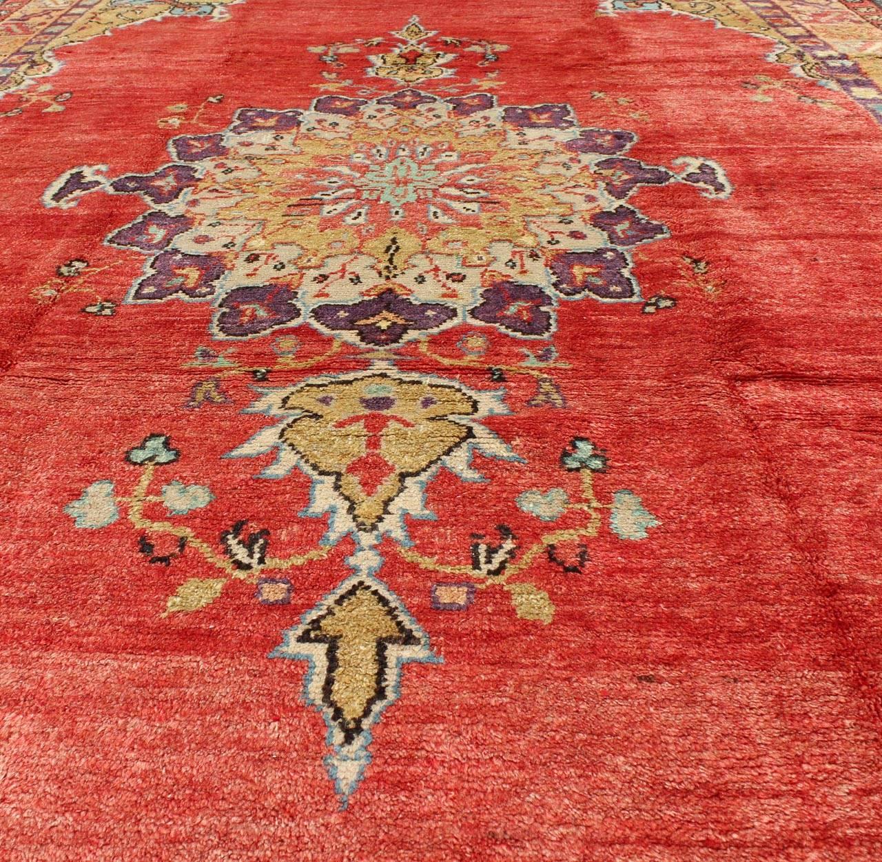 Colorful Vintage Turkish Oushak Rug with Red, Brown and Gold Colors 1