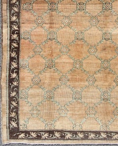 Vintage Turkish Oushak Rug with Soft Orange, Light Green, and Charcoal Brown