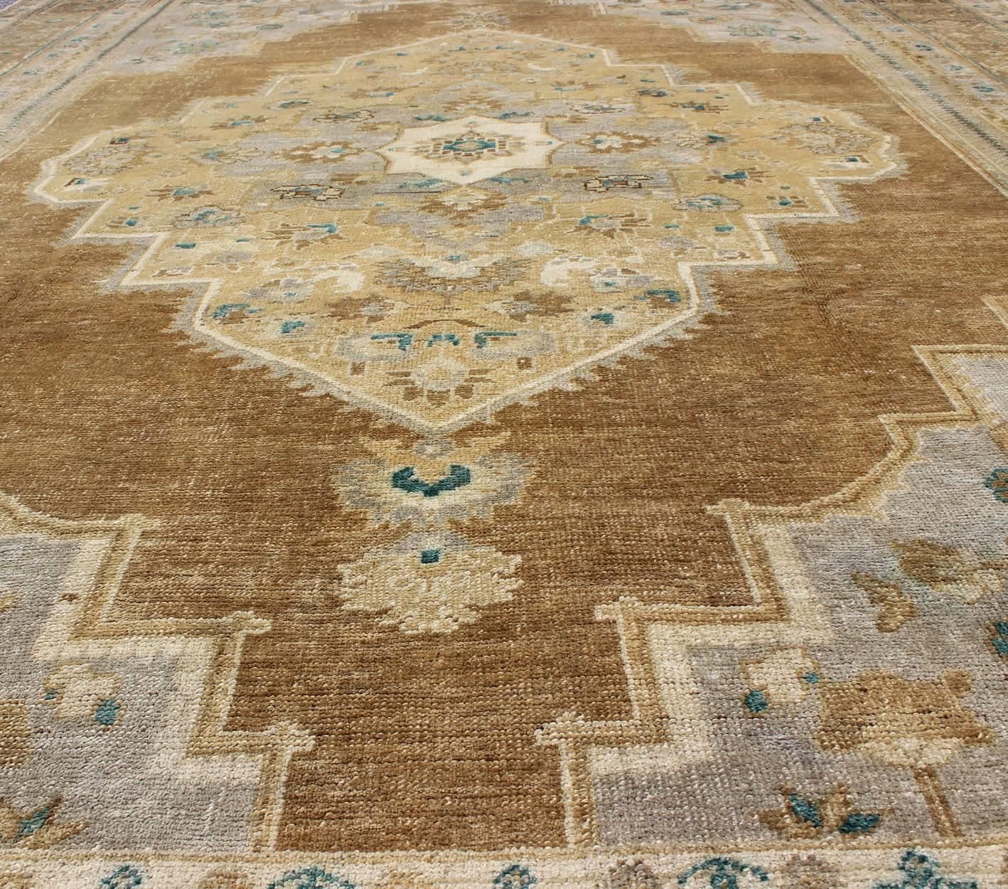 Vintage Oushak Turkish Rug in Light Golden Brown, Gray/Blue and Teal Accents For Sale 1