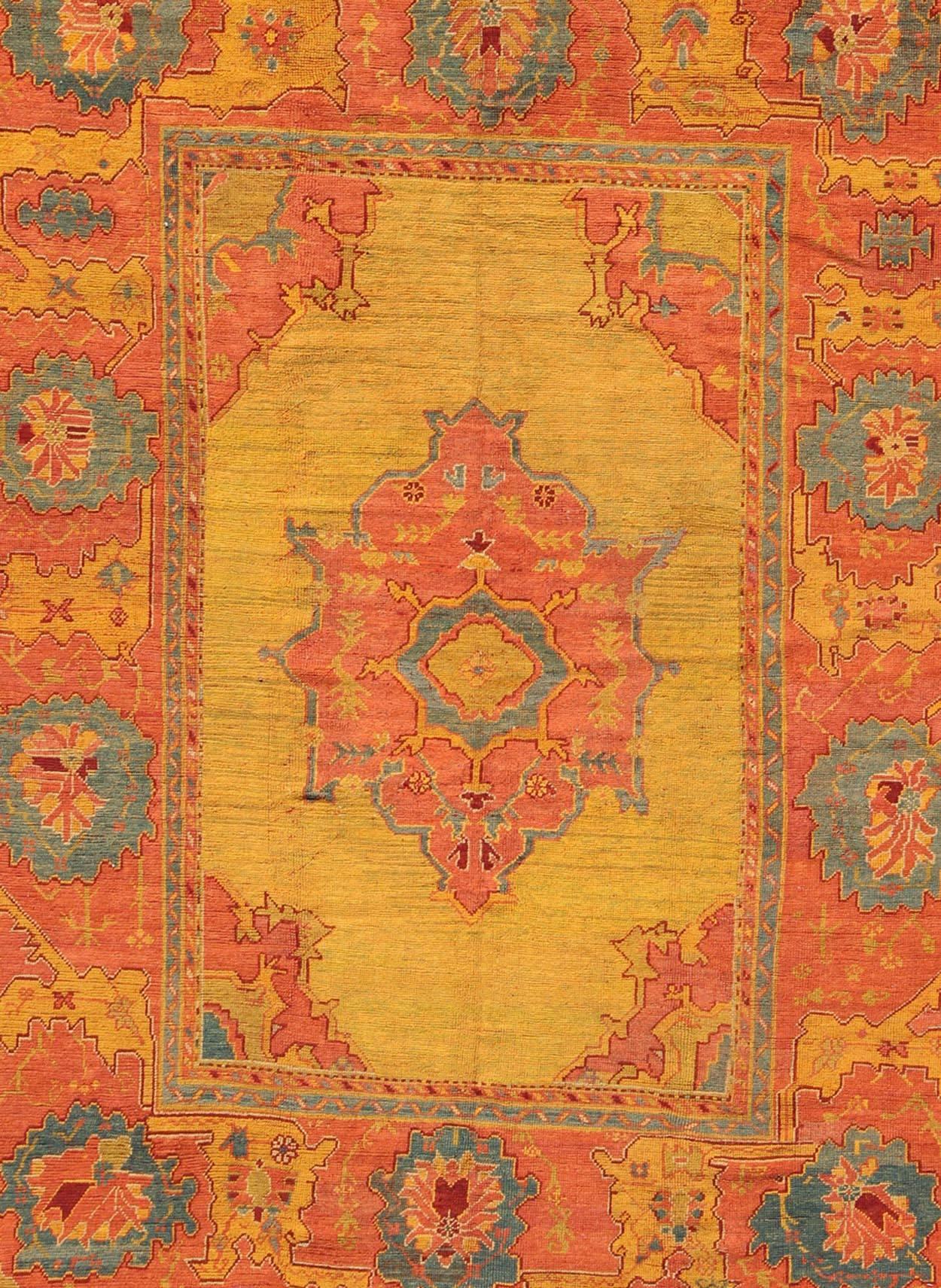 Antique Turkish Oushak Rug in  Saturated Gold, Orange Colors and Blue Accent  In Good Condition In Atlanta, GA