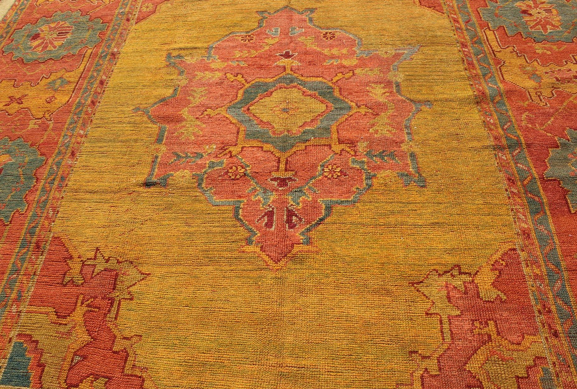 Antique Turkish Oushak Rug in  Saturated Gold, Orange Colors and Blue Accent  2