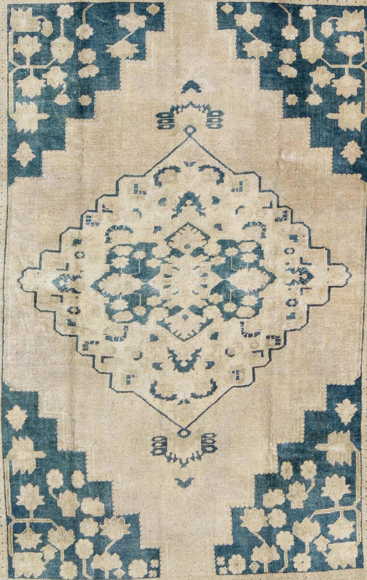 Hand-Knotted Vintage Turkish Oushak Rug in Blue and Cream colors For Sale