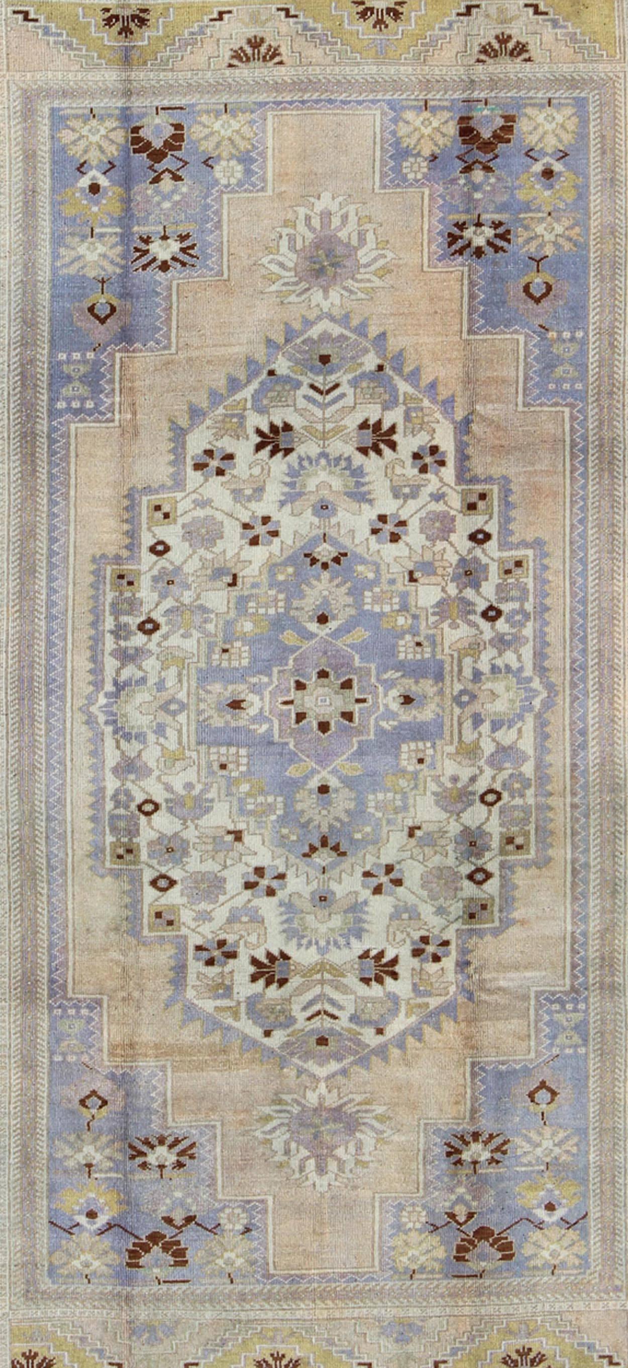 Vintage Turkish Oushak Rug in Brown, Light Purple, Blue, Camel and Wheat Colors In Excellent Condition For Sale In Atlanta, GA