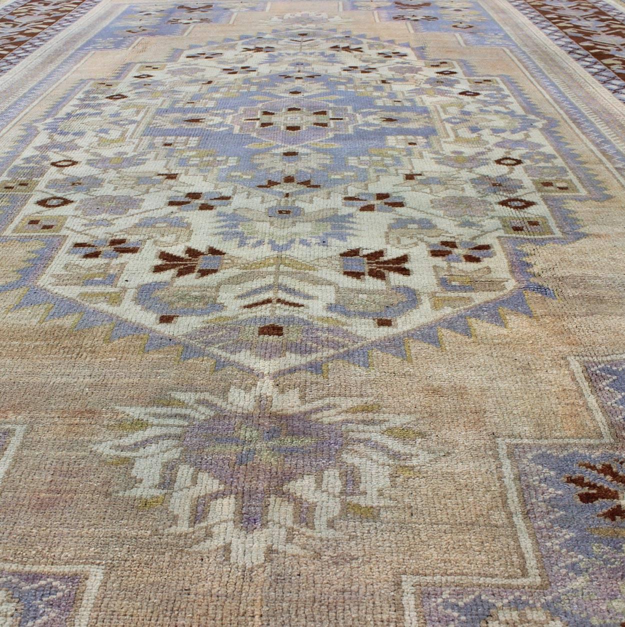 Vintage Turkish Oushak Rug in Brown, Light Purple, Blue, Camel and Wheat Colors For Sale 1