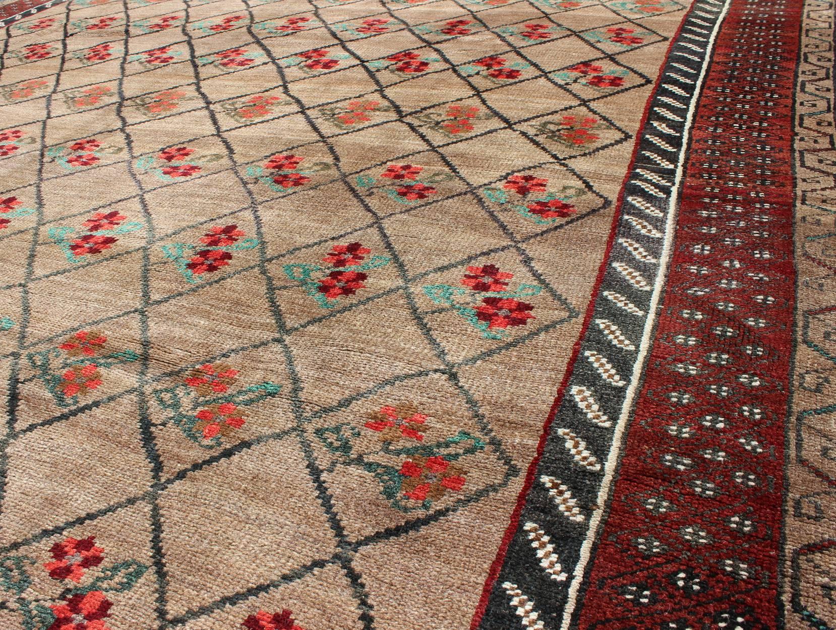 Oushak Turkish Konya Carpet in Camel Color Background, Red, Charcoal, Coral and Green For Sale