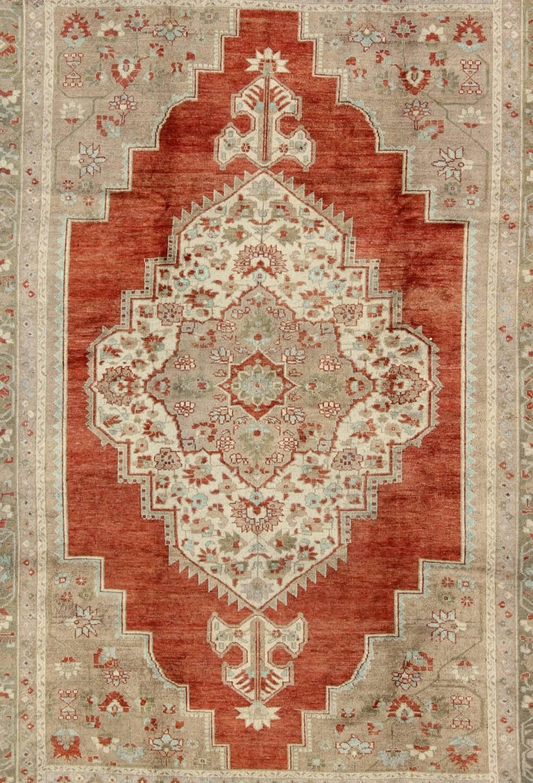 Turkish Oushak Rug in Orange Red, Light Green, Warm Taupe and Cream