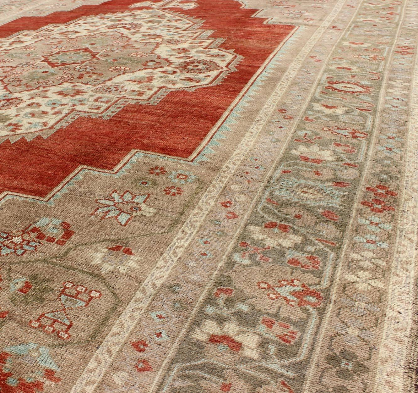 Wool Turkish Oushak Rug in Orange Red, Light Green, Warm Taupe and Cream colors For Sale
