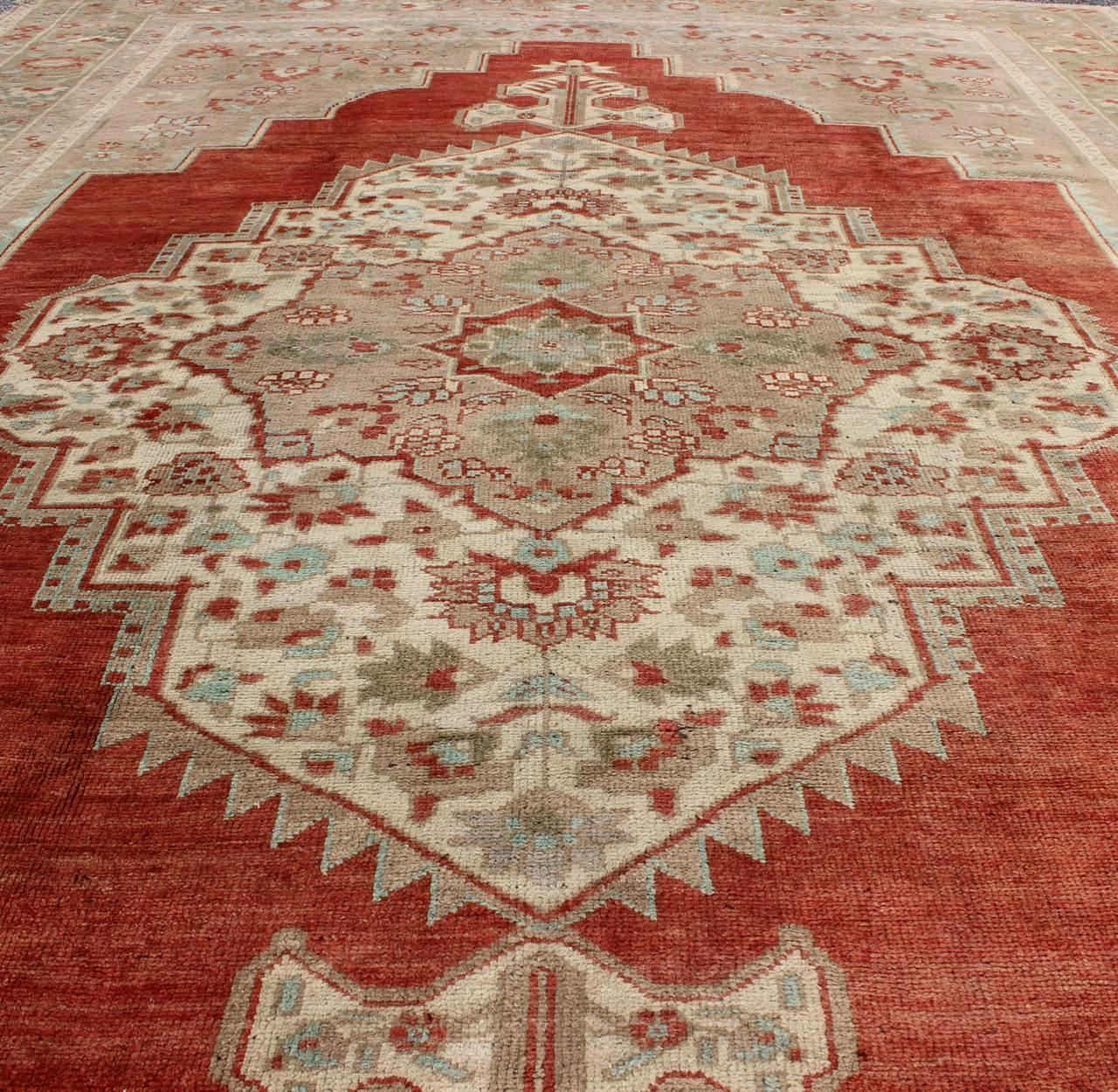 Turkish Oushak Rug in Orange Red, Light Green, Warm Taupe and Cream colors For Sale 1