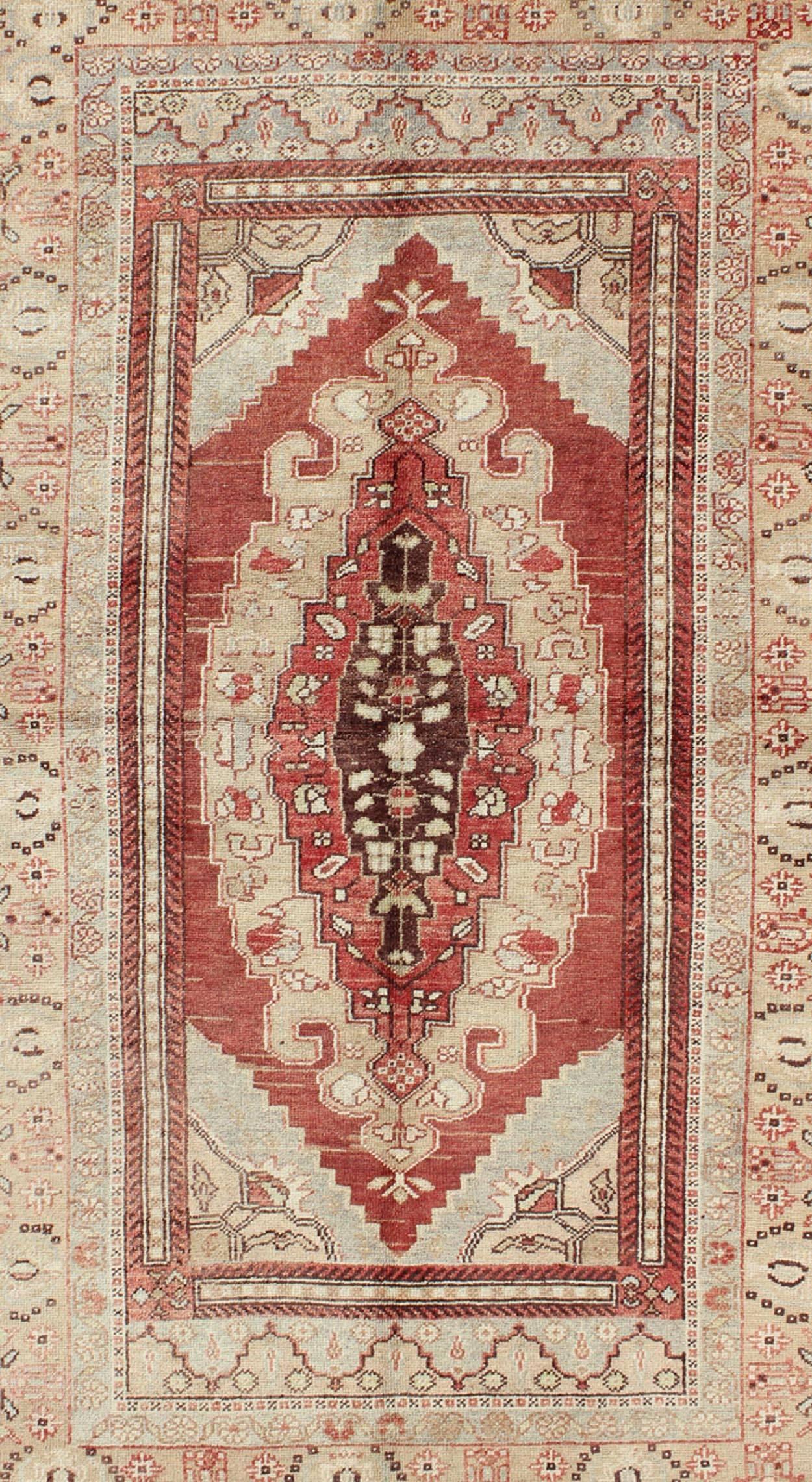 Hand-Knotted Antique Turkish Oushak Rug with Red, Taupe, Light Green, Cream, Brown & Neutrals For Sale