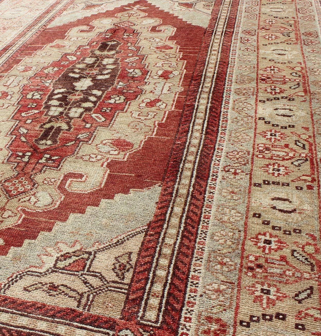 20th Century Antique Turkish Oushak Rug with Red, Taupe, Light Green, Cream, Brown & Neutrals For Sale