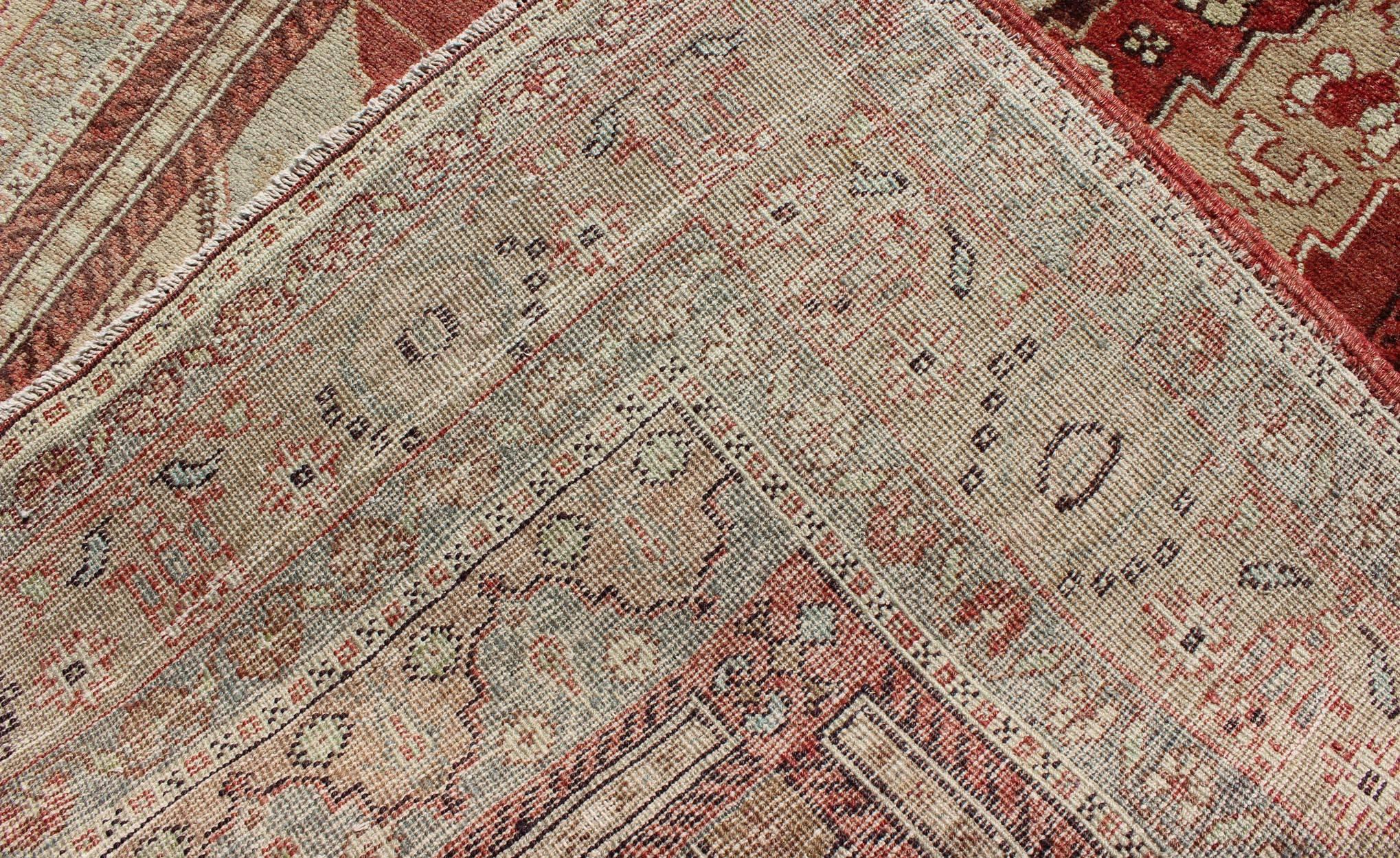 Wool Antique Turkish Oushak Rug with Red, Taupe, Light Green, Cream, Brown & Neutrals For Sale