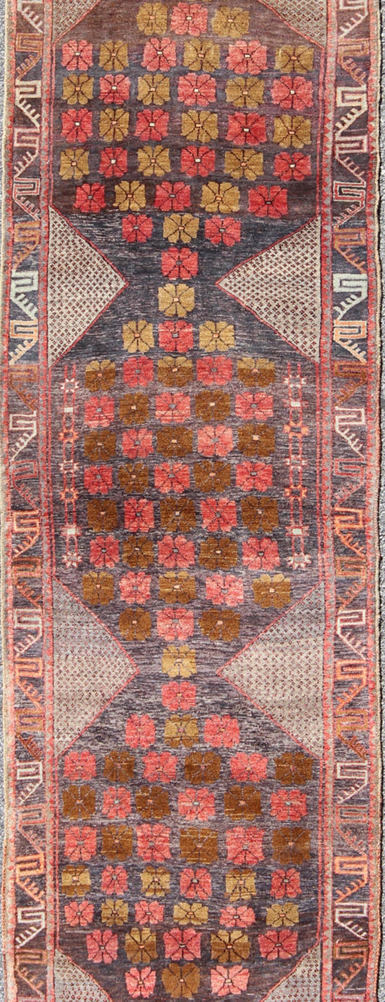 Colorful Turkish Oushak Runner with Geometric Motifs and Charcoal Color In Excellent Condition In Atlanta, GA