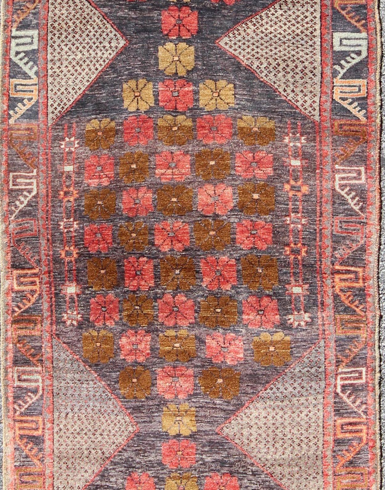 20th Century Colorful Turkish Oushak Runner with Geometric Motifs and Charcoal Color