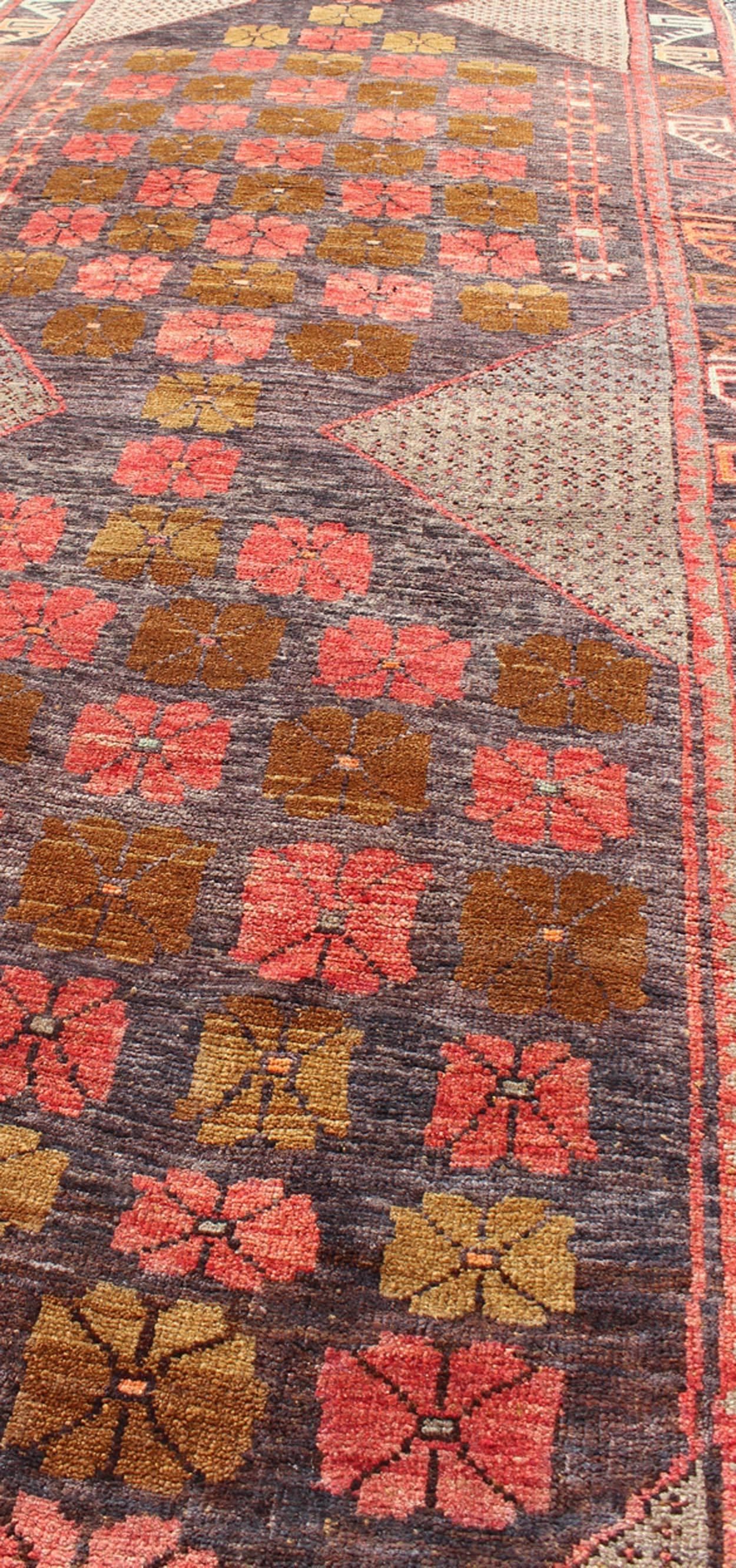 Wool Colorful Turkish Oushak Runner with Geometric Motifs and Charcoal Color