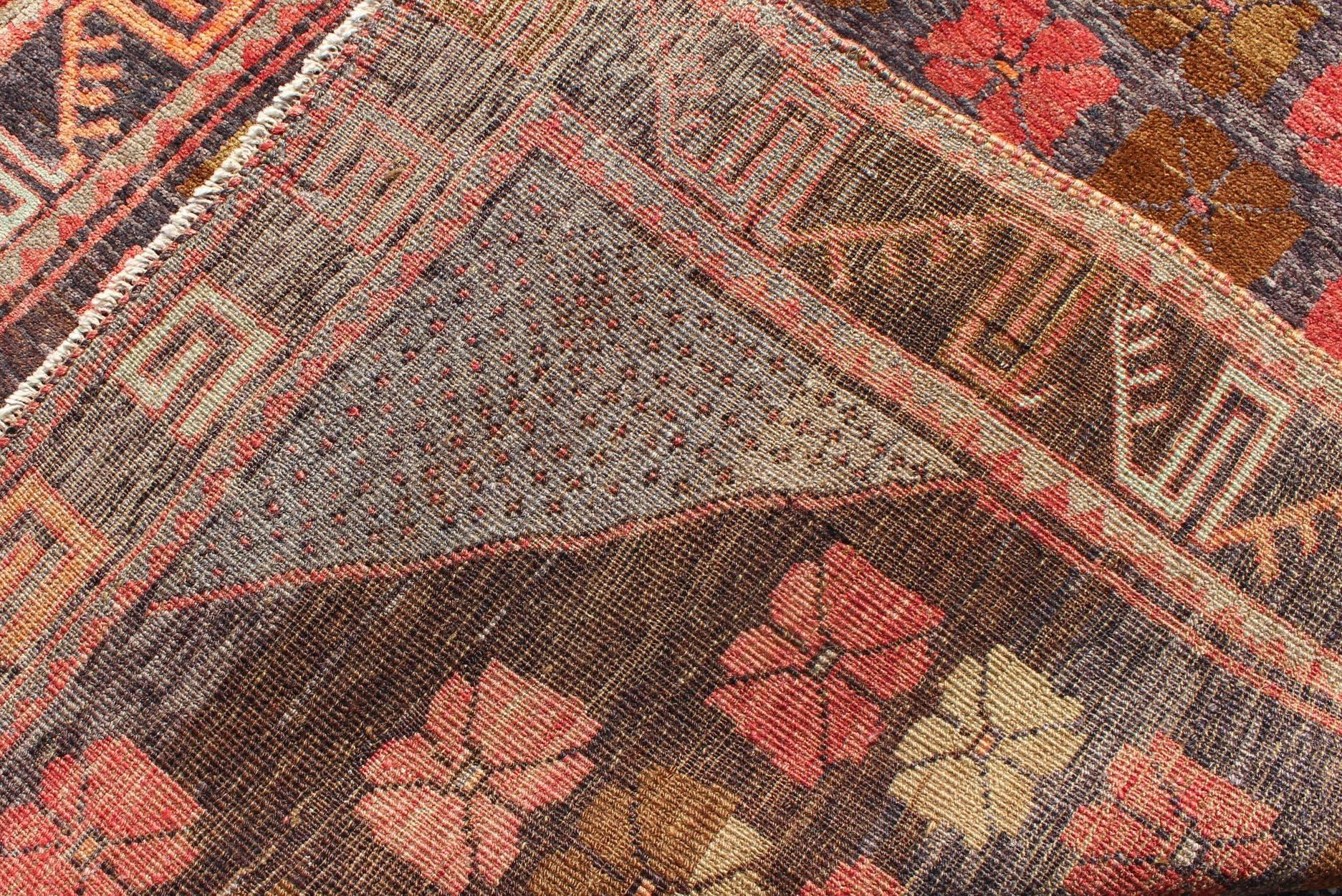 Colorful Turkish Oushak Runner with Geometric Motifs and Charcoal Color 2